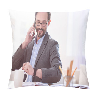 Personality  Man Looking At Watch While Speaking Pillow Covers