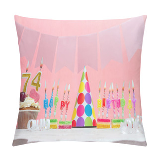 Personality  Background Date Of Birth Number  74. Anniversary. Beautiful Festive Background With Candles For A Girl. Women's Congratulations Postcard. Happy Birthday In Pink. Pillow Covers