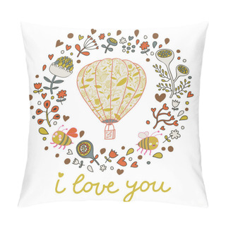 Personality  Vintage Floral Card With Lovely Air-balloon, Flowers, Bees. Pillow Covers