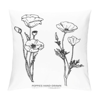Personality  Poppy Flowers Hand Drawn Illustration. Black And White Vector Drawing Of California Poppy And Oriental Poppy Plants. Papaver Orientale, Eschscholzia Californica Botanical Illustration. Pillow Covers