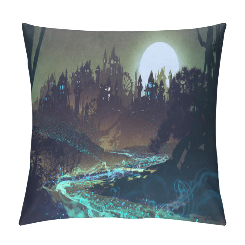 Personality  beautiful landscape with mysterious river,full moon over castles pillow covers