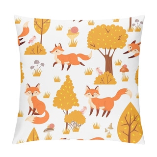 Personality  Seamless Forest Foxes Pattern. Cute Red Fox Among Yellow Trees, Wild Animal Nature Background Vector Illustration Pillow Covers
