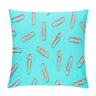 Personality  Full Frame Of Arranged Red Paper Clips On Blue Background Pillow Covers