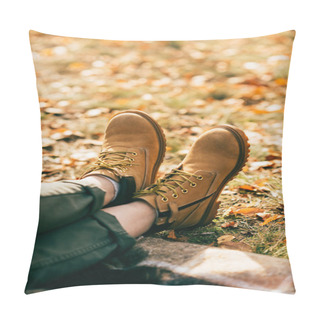 Personality  Cropped Pair Of Orange Boots On Background Of Colorful Foliage  Pillow Covers