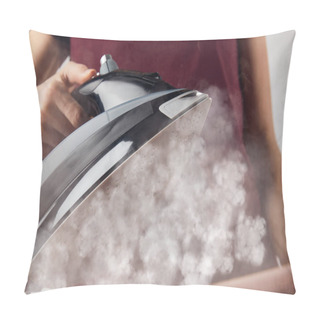 Personality  Cropped View Of Young Woman Holding Steaming Iron In Hand Pillow Covers