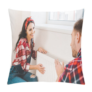 Personality  Selective Fcous Of Happy Woman Touching Heating Radiator While Looking At Boyfriend At Home Pillow Covers