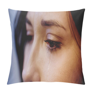 Personality  Close Up View Of Upset Woman Crying With Tears On Face On Grey Background Pillow Covers