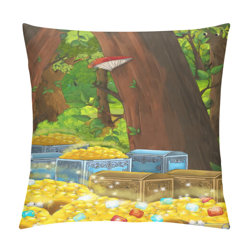 Personality  cartoon summer scene with deep forest and treasure - nobody on scene - illustration for children pillow covers