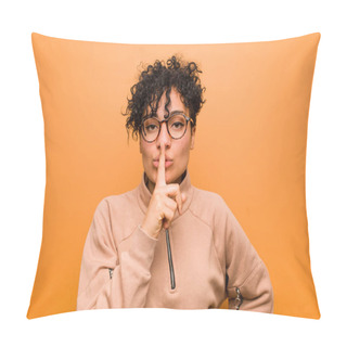 Personality  Young Mixed African American Woman Against A Brown Background Keeping A Secret Or Asking For Silence. Pillow Covers