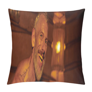 Personality  Joyful And Shirtless Middle Aged Man With Tattoos In Sauna, Wellness Retreat Concept, Banner Pillow Covers