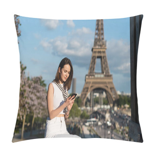 Personality  Young Woman In Stylish Outfit Using Smartphone While Sitting Near Eiffel Tower In Paris  Pillow Covers