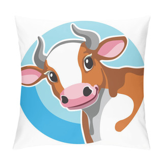 Personality  Head Of Brown Spotted Cow In Circle Shape . Cartoon Icon, Logo , Emblem , Sticker On Blue Background. Vector Illustration Pillow Covers