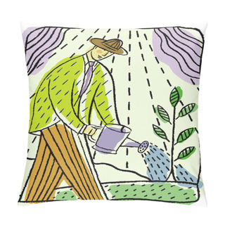 Personality  Man Watering Leafy Plant Pillow Covers