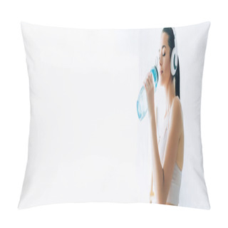 Personality  Panoramic Shot Of Sportswoman In Headphones Drinking Water At Home  Pillow Covers
