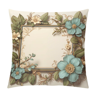 Personality  Exquisite Vector Frame Adorned With A Botanical Theme Featuring Teal Blue Flowers, Golden Accents, And A Classic Cream Backdrop Pillow Covers