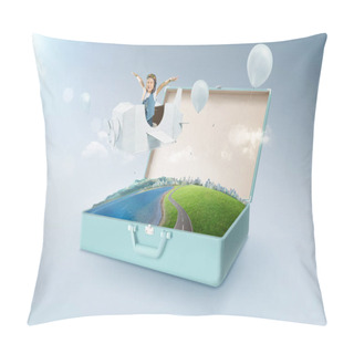 Personality  Little Asian Girl Enjoy With Fantasy Cardboard Plane Fly And Floating In An Open Retro Vintage Suitcase Isolated On Light Blue Background . Travel And Vacation Concept. Pillow Covers