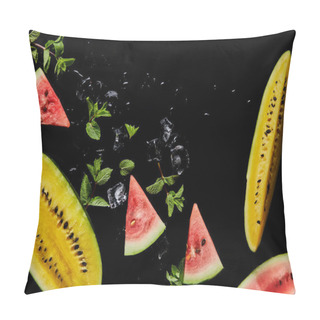 Personality  Top View Of Red And Yellow Watermelon Slices With Mint And Ice Isolated On Black Pillow Covers