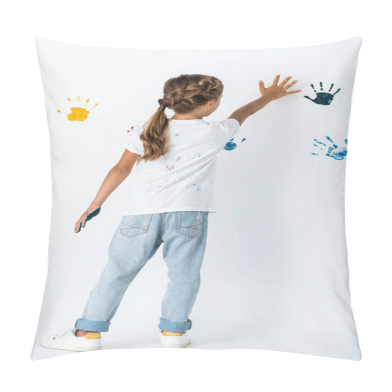 Personality  Back View Of Kid In Jeans Putting Hand Near Hand Prints On White  Pillow Covers