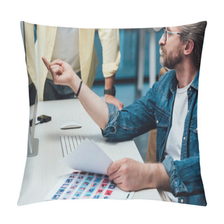 Personality  Cropped View Of Assistant Standing Near Art Director Pointing With Finger At Computer Monitor  Pillow Covers