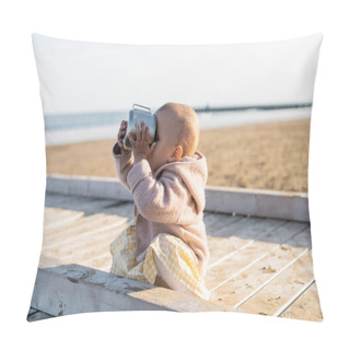 Personality  Baby Girl Drinking From Cup On Beach In Italy  Pillow Covers