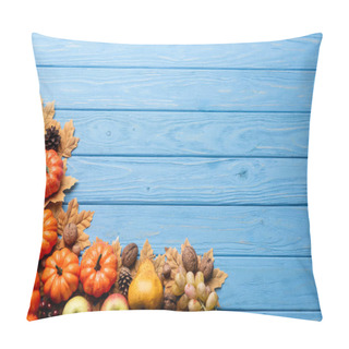 Personality  Top View Of Autumnal Harvest And Foliage On Blue Wooden Background Pillow Covers