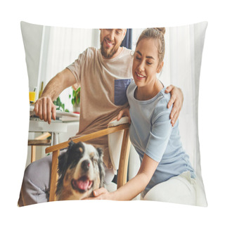 Personality  Smiling Couple Petting Border Collie Dog During Breakfast At Home In Morning Pillow Covers