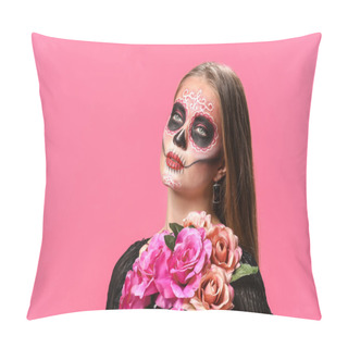 Personality  Young Woman With Painted Skull On Her Face For Mexico's Day Of The Dead Against Color Background Pillow Covers