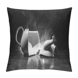 Personality  Broken Teapot On A Dark Toned Foggy Background. Pieces Of Ceramic Teapot On Wooden Table. Pillow Covers