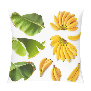 Personality  A Set With Fresh Ripe Yellow Baby Bananas And Leaves Isolated On White Background. High Resolution Image Pillow Covers