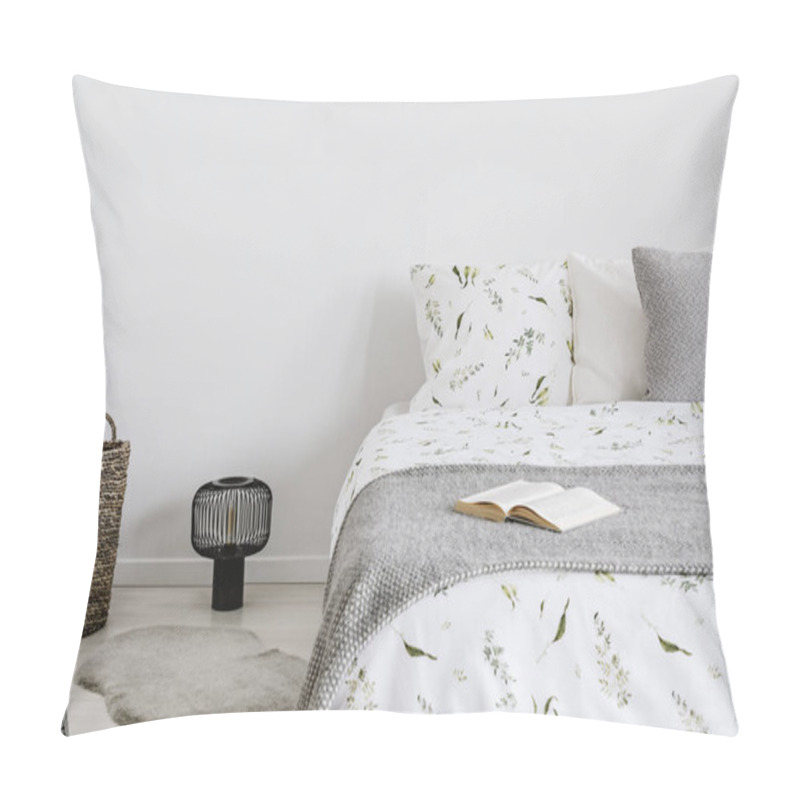 Personality  close-up of a bed with eco cotton and wool bedding and pillows in a bright bedroom interior. Real photo. pillow covers