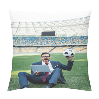 Personality  Happy Young Businessman In Suit With Laptop And Soccer Ball Sitting On Football Pitch At Stadium, Sports Betting Concept Pillow Covers
