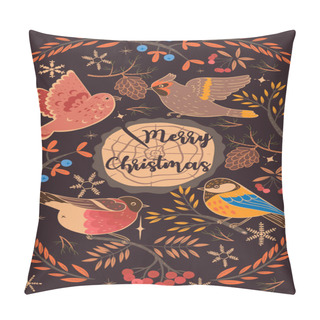 Personality  Greeting Card With Winter Birds And The Inscription Merry Christmas. Vector Image. Pillow Covers
