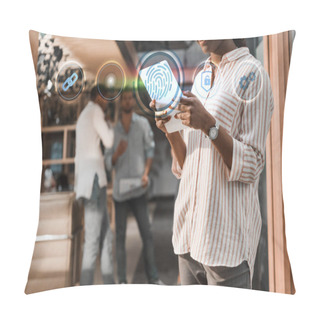Personality  Cropped View Of African American Businesswoman Using Digital Tablet Near Multicultural Colleagues, Fingerprint Illustration Pillow Covers