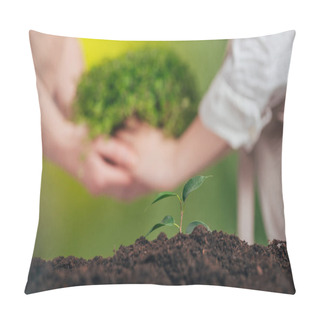 Personality  Selective Focus Of Growing Young Plant, And Woman And Child Holding Plant On Blurred Background, Earth Day Concept Pillow Covers