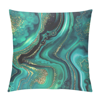 Personality  Abstract Background, Fashion Fake Stone Texture, Malachite Emerald Green Agate Or Marble Slab With Gold Glitter Veins, Wavy Lines, Painted Artificial Marbled Surface, Artistic Marbling Illustration Pillow Covers