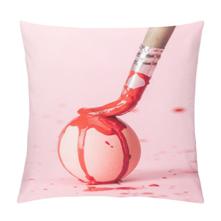 Personality  Selective Focus Of Easter Egg With Red Paint Spills And Paintbrush On Pink  Pillow Covers