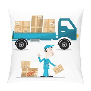 Personality  Delivery Man With Boxes On Car. Vector Flat Design Illustration Isolated On White Background. Pillow Covers