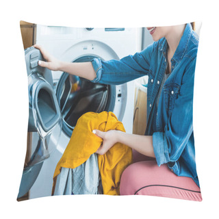 Personality  Cropped Shot Of Smiling Young Woman Taking Laundry From Washing Machine Pillow Covers