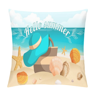 Personality  Seascape, Sea, Beach, Beach Bag, Beach Hat, Seashells, Stones. Design Postcard, Sunburst Text Hello Summer. Vector Illustration Pillow Covers