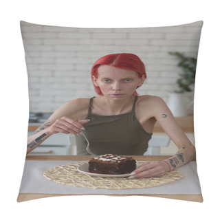 Personality  Extremely Skinny Woman Thinking About Eating Chocolate Cake Pillow Covers