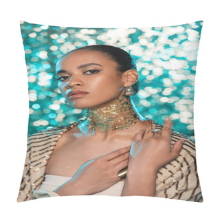 Personality  African American Woman With Piercing And Gold On Neck Posing On Sparkling Blue Background  Pillow Covers