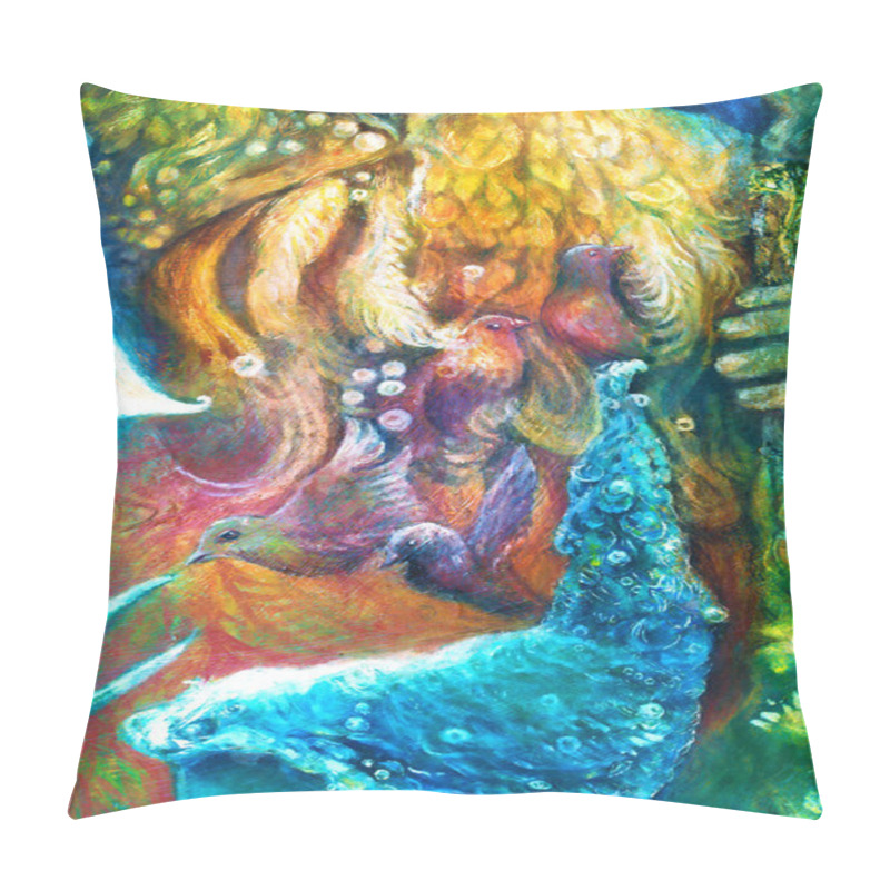 Personality  Golden sun god, blue water goddess, fairy child and a phoenix bird, fantasy imagination detailed colorful painting pillow covers