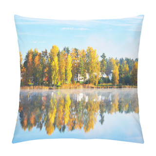 Personality Country Houses, Colorful Trees And A River In A Morning Fog, Latvia. Symmetry Reflections On The Water. Autumn Landscape, Idyllic Rural Scene. Environmental Conservation, Eco Tourism Theme Pillow Covers