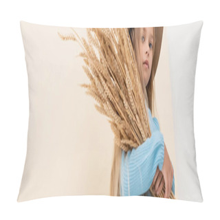 Personality  Fashionable Blonde Girl In Hat And Blue Sweater With Wheat Spikes On Beige Background, Panoramic Shot Pillow Covers
