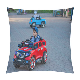 Personality  Two Little Boys Ride On Red And Blue Electric Cars While Walking Pillow Covers