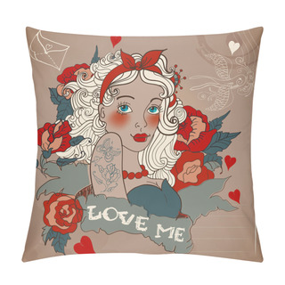 Personality  Old-school Styled Tattoo Woman With Flowers Pillow Covers