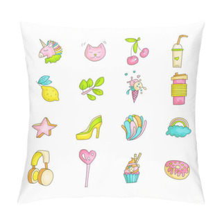 Personality  Cute Funny Girl Teenager Colored Icon Set, Fashion Cute Teen And Princess Icons. Magic Fun Cute Girls Objects - Unicorn, Cherry, Sweets, Cocktails, Rainbow And Other Hand Draw Teens Icon Collection. Pillow Covers