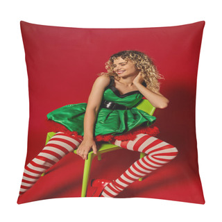 Personality  Attractive Woman Dressed As New Year Elf Sitting On Yellow Chair And Smiling With Closed Eyes Pillow Covers