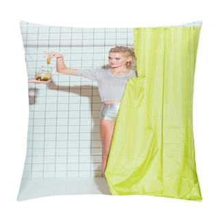 Personality  Beautiful Young Woman Taking Pickled Cucumber From Glass Jar In Shower Pillow Covers