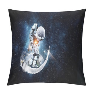 Personality  Spaceman Carrying His Mission. Mixed Media Pillow Covers